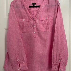 Talbots LINEN pink shirt. details !Long Slv, pleated back, pockets.